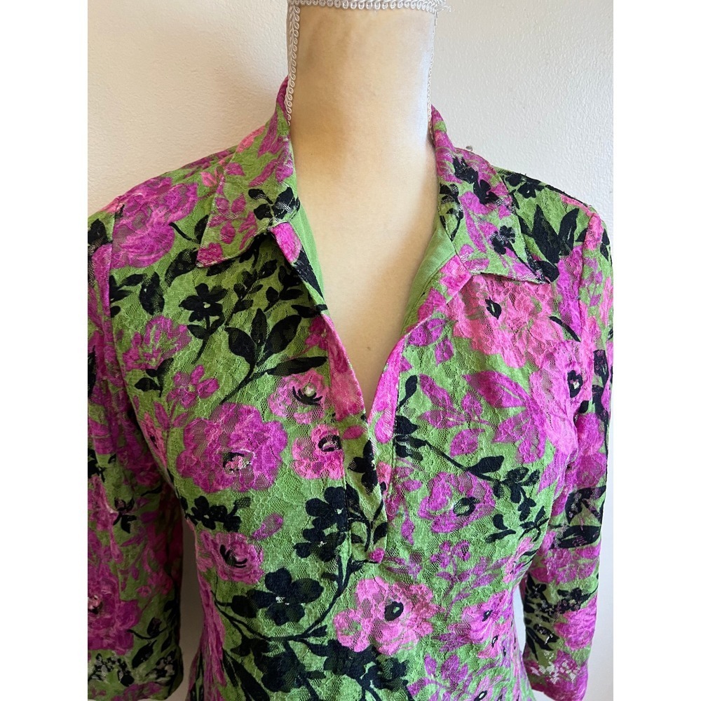 INC International Concepts Pink Green Floral Lace V-Neck‎ Blouse Top Large